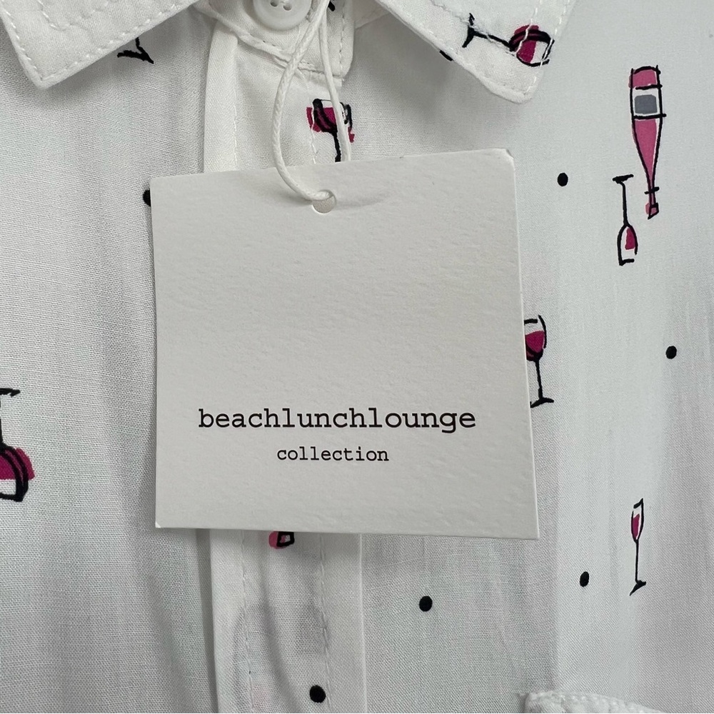 Beach Lunch Lounge Womens Top Wine Theme Print Long Roll Tab Sleeve Button Up - Picture 14 of 14